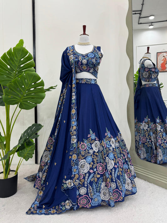 Wedding & Party Wear Silk Sequnce Work Blue Color Lehenga Choli