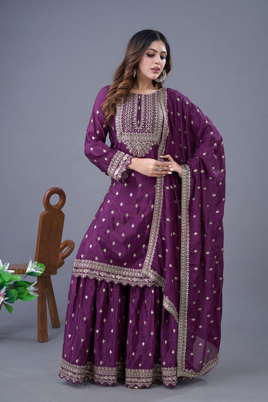 Delightful Chinon Silk Wine Color Sharara Suit