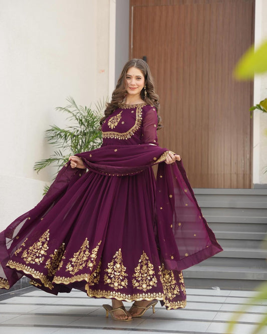 Glimmering  Embroidery Work Long Wine Color Gown