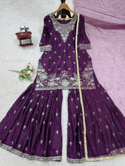 Delightful Wine Color Sequence Work Sharara Suit Delightful Wine Color Sequence Work Sharara Suit
