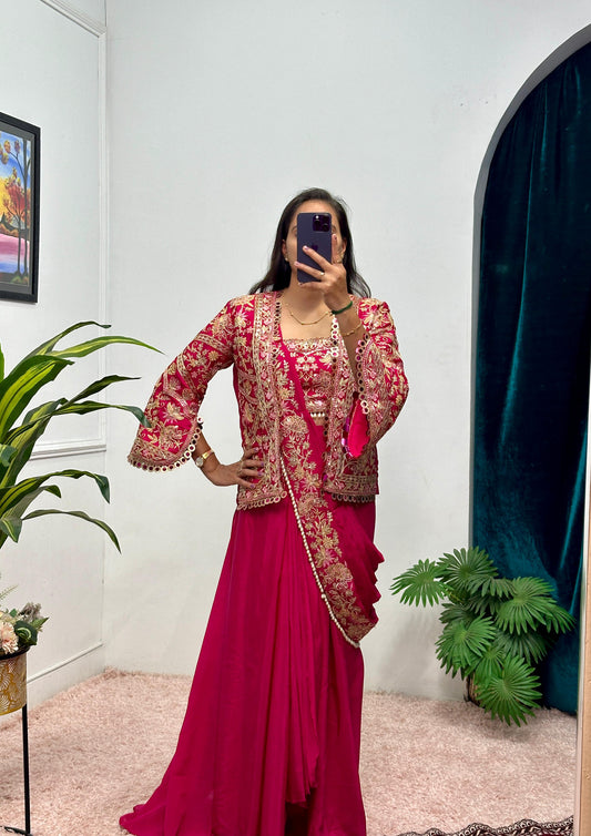 Designer Embroidery Work Pink Color Ready To Wear Saree