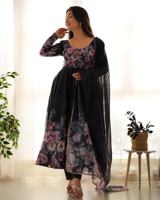 Good Looking Multi Flower Printed Black Color Anarkali Suit