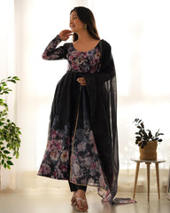 Good Looking Multi Flower Printed Black Color Anarkali Suit Good Looking Multi Flower Printed Black Color Anarkali Suit