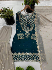 Precious Embroidery Sequence Work Teal Blue Color Sharara Suit Precious Embroidery Sequence Work Teal Blue Color Sharara Suit