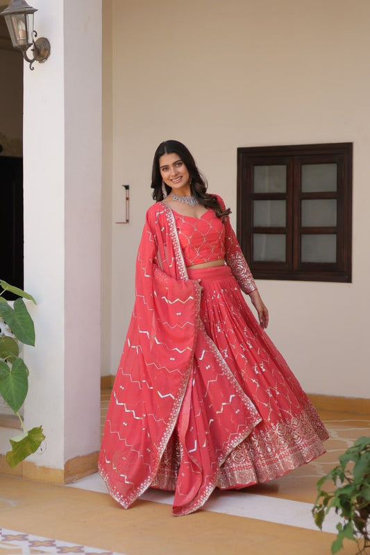 Traditional wear Embroidery Sequence Work Pink Color Lehenga Choli