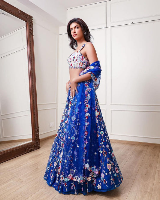 Precious Net Embellished Blue Color Lehenga Choli