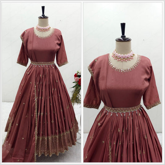 Fantastic Chinon Silk Sequence Work Brown Color Gown