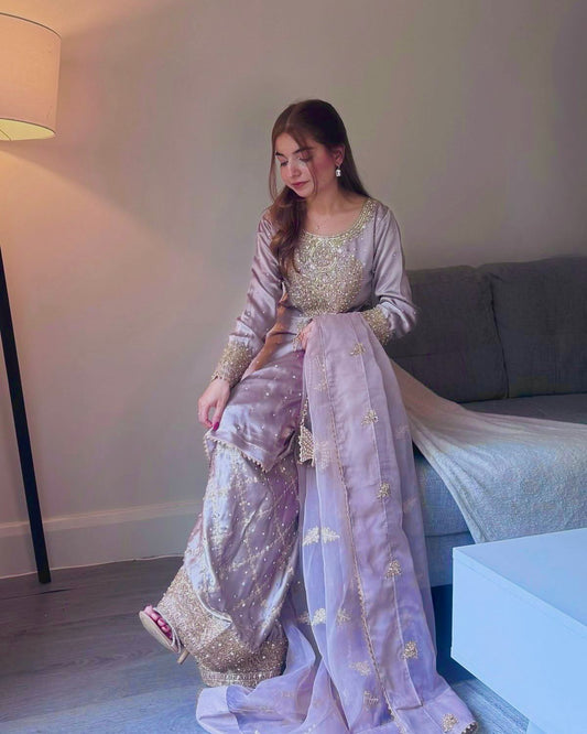 Traditional Wear Embroidery Work Lavender Color Palazzo Suit