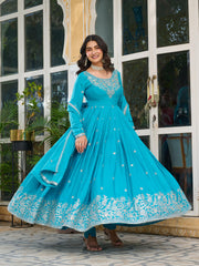 Flattering  Sequence Work Sky Blue Color Gown Flattering  Sequence Work Sky Blue Color Gown