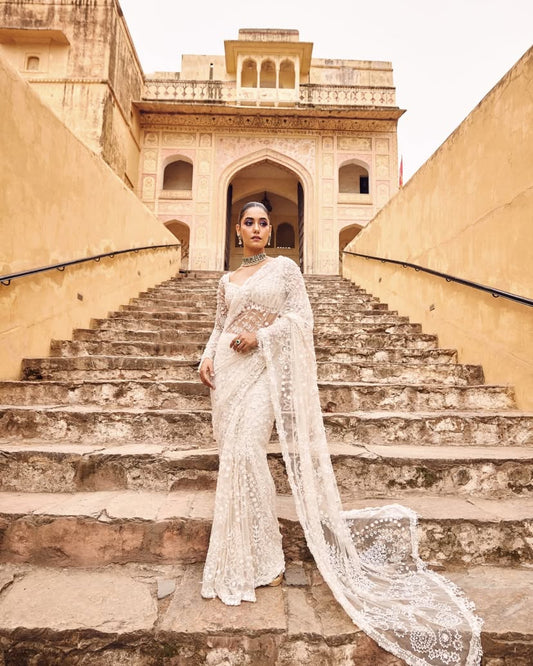 Classy Embroidery Work White Color Designer Saree