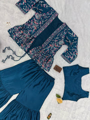 Function Wear Chinon Silk Teal Blue Color Sharara Suit Function Wear Chinon Silk Teal Blue Color Sharara Suit