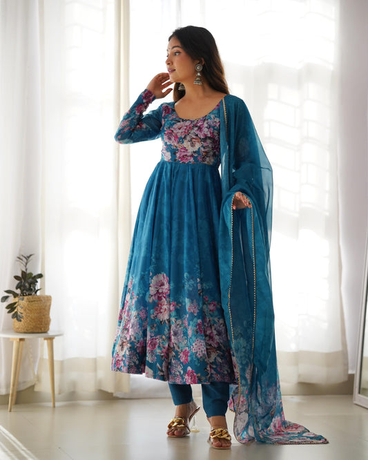 Good Looking Multi Flower Printed Blue Color Anarkali Suit