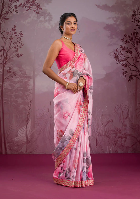 Lovely Pink Chinon Silk Work Saree