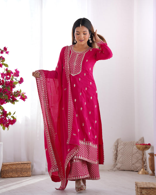 Lovely Chinon Silk Pink Color Salwar Suit