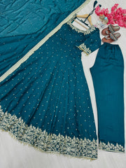 Elegant  Vichitra Silk Rama Color Anarkali Suit Elegant  Vichitra Silk Rama Color Anarkali Suit