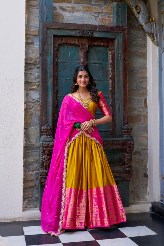 Wonderful Zari Weaving Work Yellow & Pink Color Lehenga Choli
