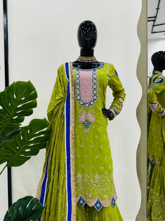 Delightful Heavy Green Color Sharara suit