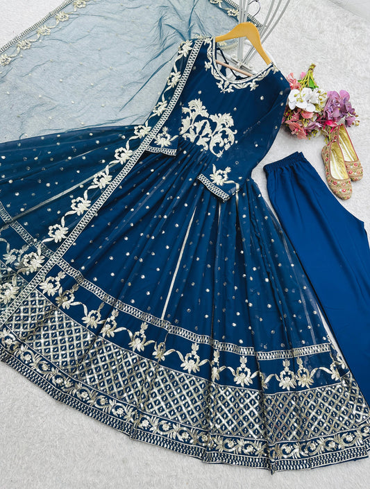 Trendy Blue Georgette Sequence Work Gown