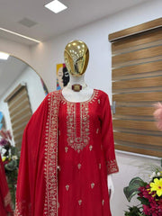 Ravishing Red Chinon Silk Embroidery Sharara Suit Ravishing Red Chinon Silk Embroidery Sharara Suit