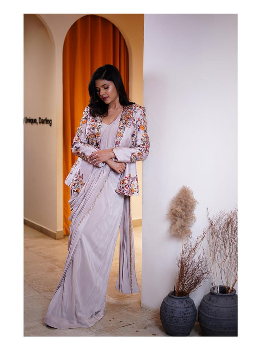 Stylish Purple Rangoli Silk Embroidery Koti With Draped Saree