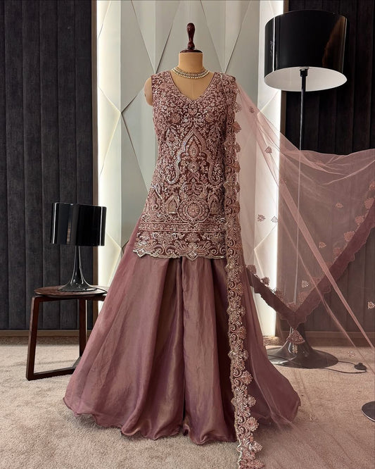 Elegance Onion Color Embroidered Festive Sharara Suit