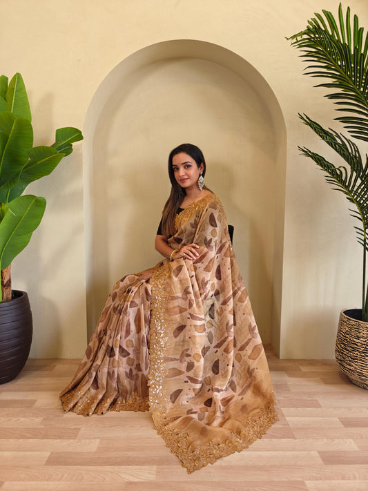 Classic Brown Color Digital Print Organza Saree