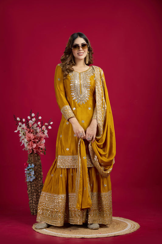 Fantastic Embroidery Sequence Work Mustard Color Sharara Suit