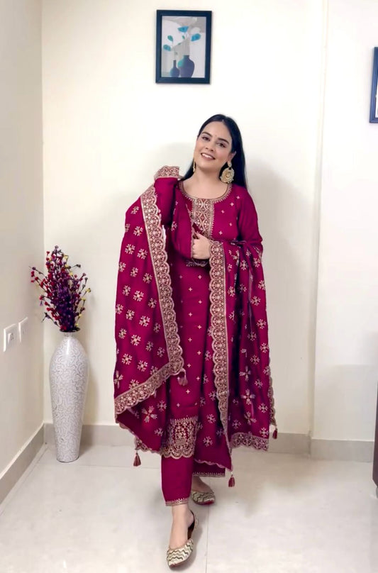 Elegant Embroidery Maroon Color Salwar Suit