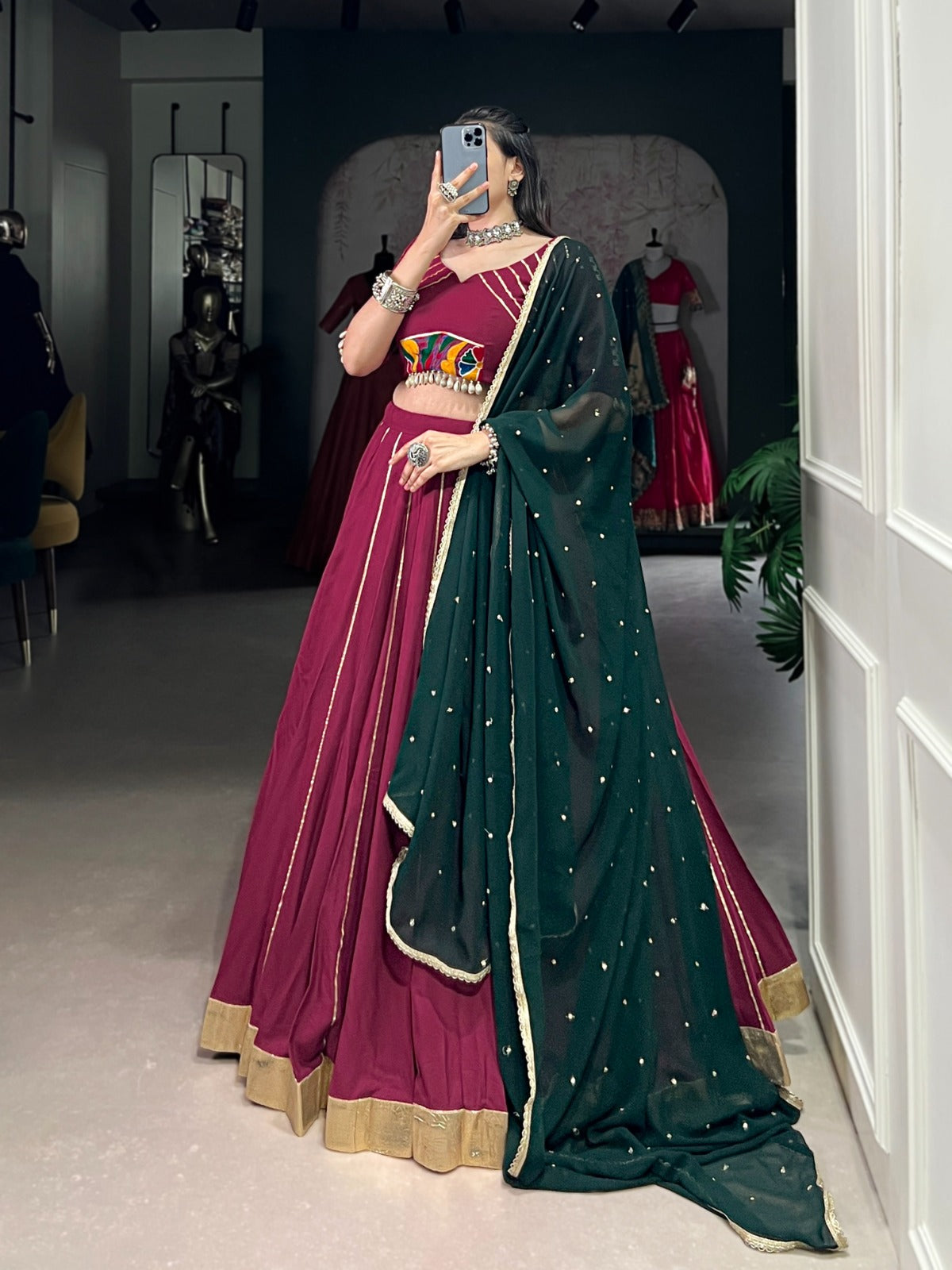 Designer Navratri Gamthi Work Maroon Color Lehenga Choli
