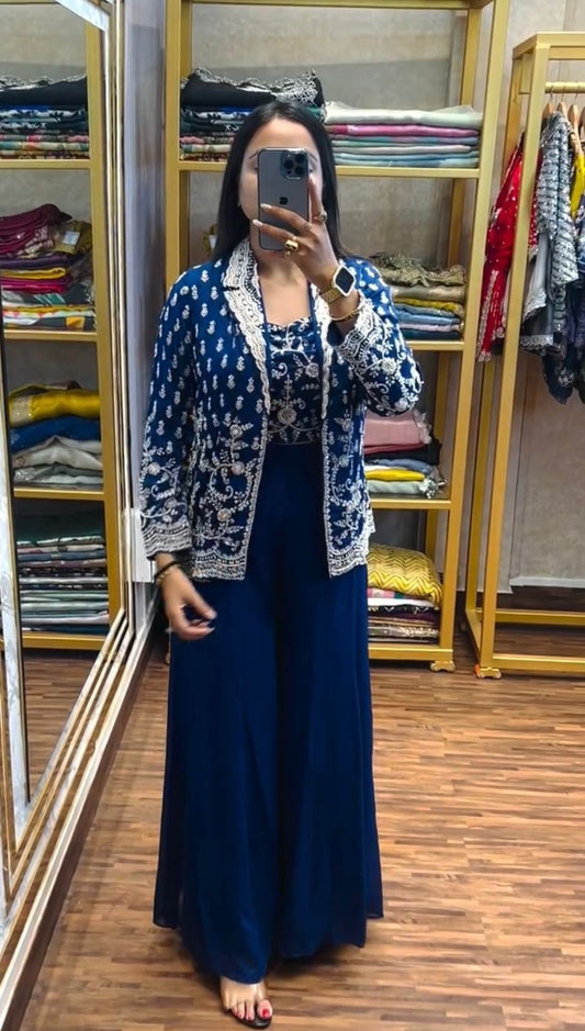 Glimmering Heavy Work Navy Blue Color Palazzo Suit With Koti
