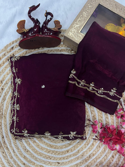 Function Wear Pearls Handwork Wine Color Designer Saree