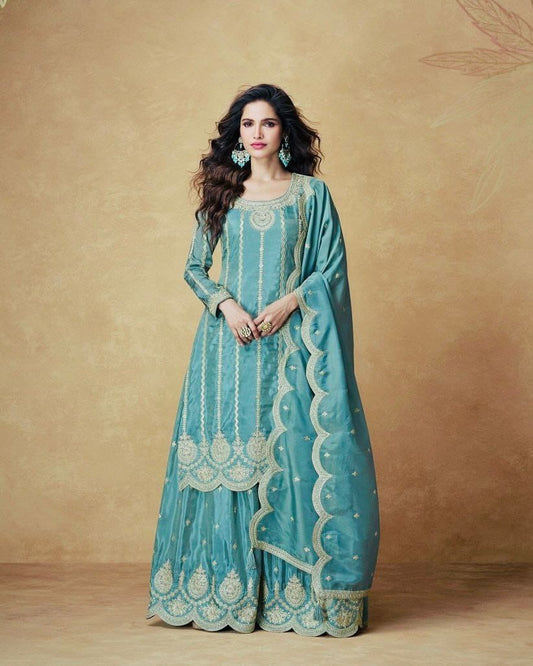 Designer Sky Blue Color Heavy Work Chinon Silk Palazzo Suit