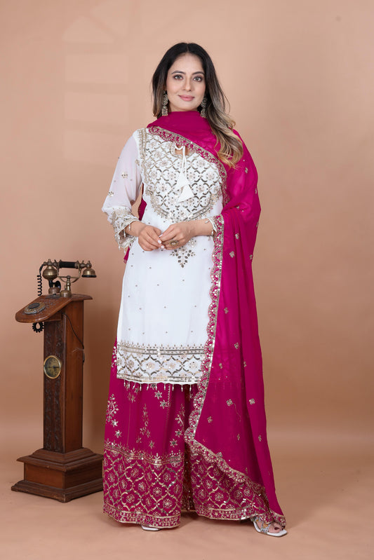 Exclusive Heavy Work White Color Suit Pink Sharara
