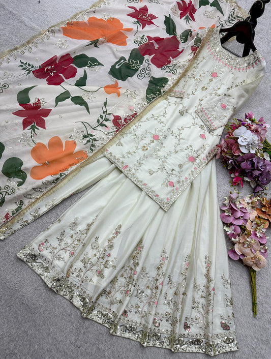 Exclusive White Chinon Silk Sequence Work Sharara Suit