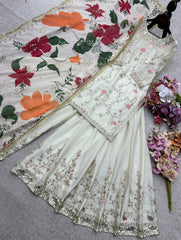 Exclusive White Chinon Silk Sequence Work Sharara Suit Exclusive White Chinon Silk Sequence Work Sharara Suit