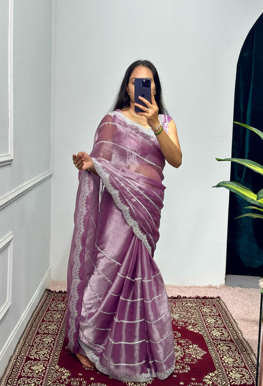 Peaceful Embroidery Zari Work Lavender Color Saree