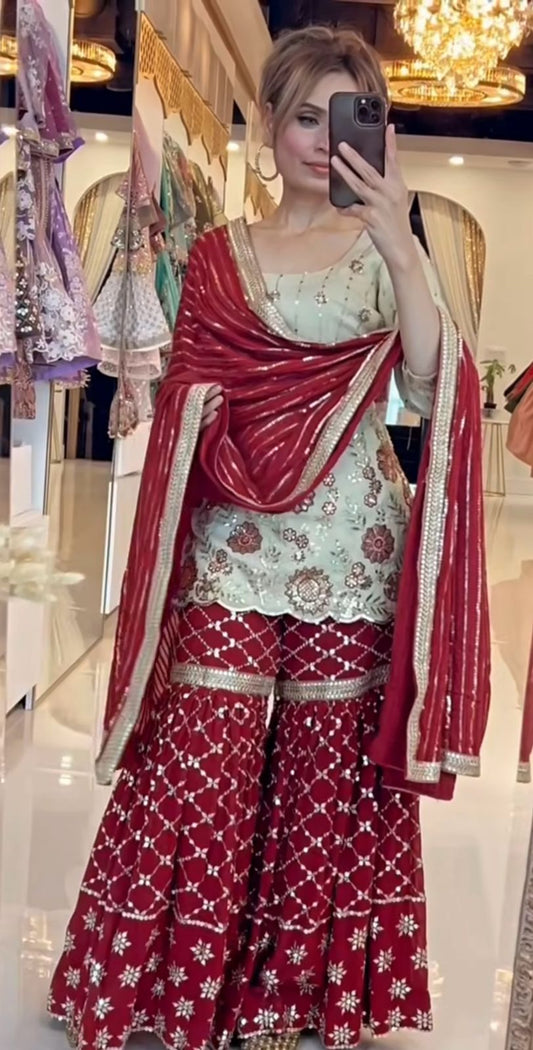 Heavy Work White Top With Red Sharara Suit with Dupatta