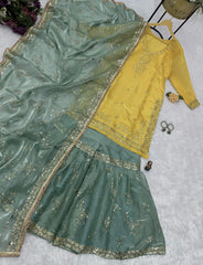 Function Wear Embroidery Work Yellow Color Sharara Suit Function Wear Embroidery Work Yellow Color Sharara Suit
