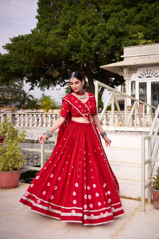 Alluring Red Color Chanderi Bandhej Lehenga Choli