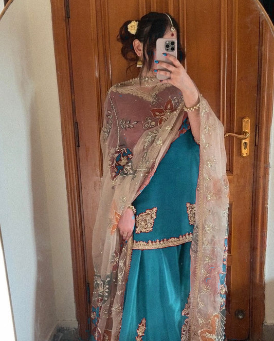 Stunning Chinon Embroidery Work Sky Blue Color Sharara Suit