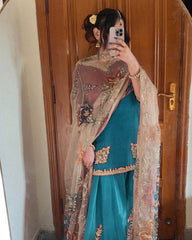 Stunning Chinon Embroidery Work Sky Blue Color Sharara Suit Stunning Chinon Embroidery Work Sky Blue Color Sharara Suit