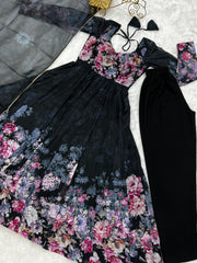 Good Looking Multi Flower Printed Black Color Anarkali Suit Good Looking Multi Flower Printed Black Color Anarkali Suit
