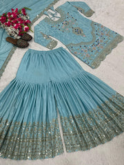 Stylish Heavy Work Sky Blue Color Sharara Suit Stylish Heavy Work Sky Blue Color Sharara Suit