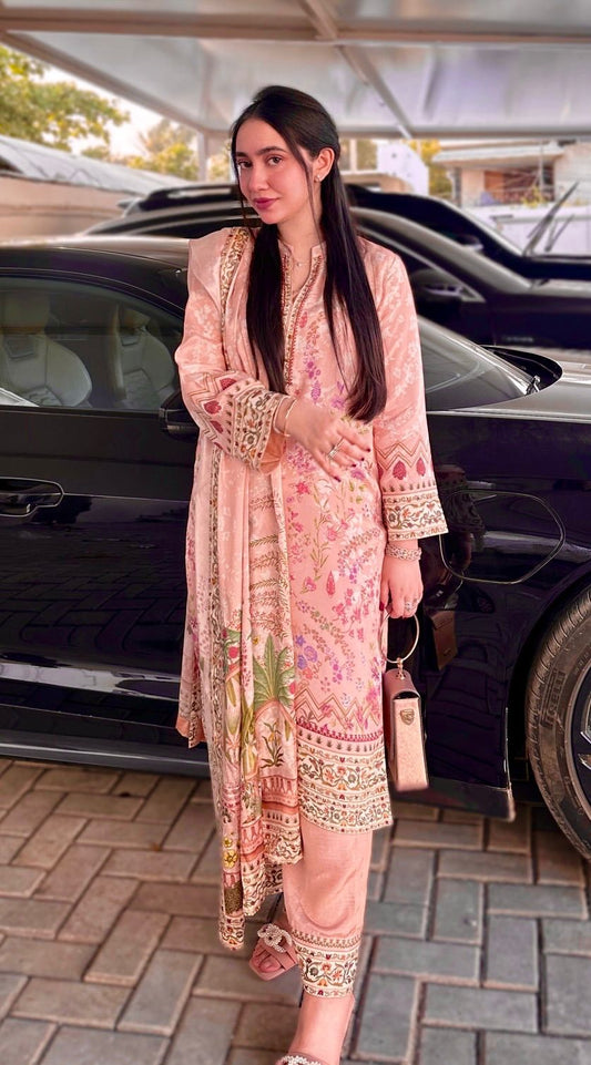 Peach Digital Printed Chinon Silk Palazzo Style Salwar Suit