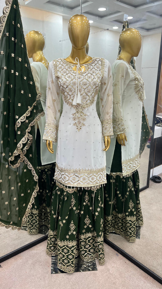 Exclusive Heavy Work White Color Suit Mehndi Sharara