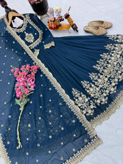 Glimmering Embroidery Work Long Teal Green Color Gown Glimmering Embroidery Work Long Teal Green Color Gown