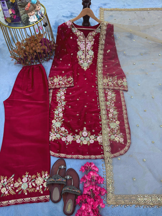 Stunning Sequence Work Red Color Palazzo Suit