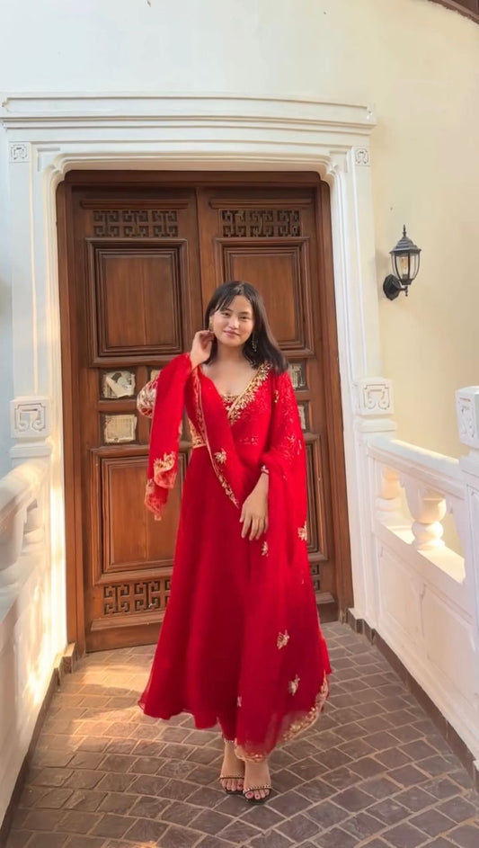 Pretty Red Georgette Sequence Work Gown