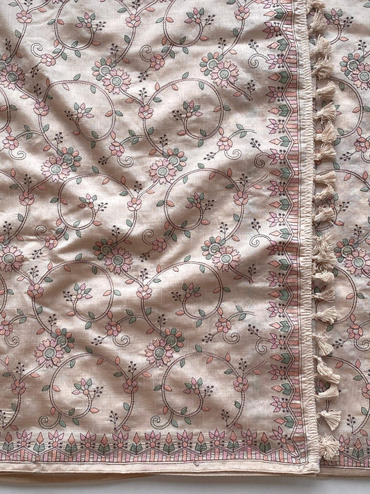 Lovely Beige Tussar Embroidery Saree