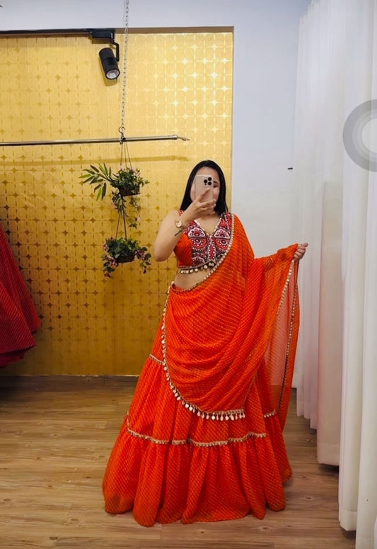 Navratri Wear Orange Georgette Print Work Lehenga Choli